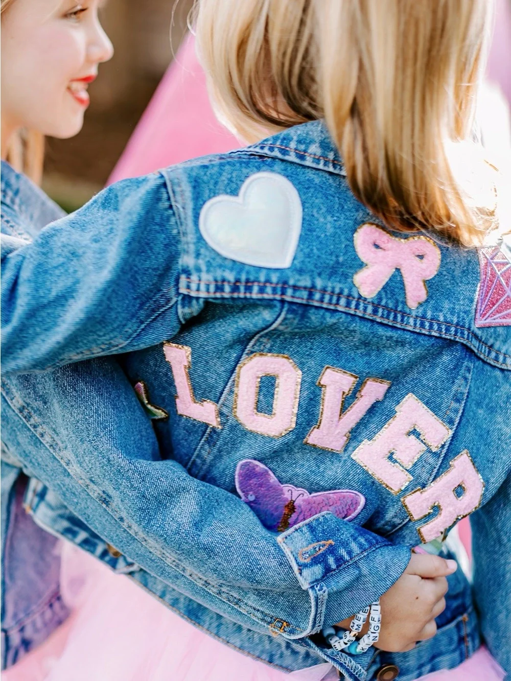 Girls Blue Denim Jacket with Pink 'LOVER' Patches